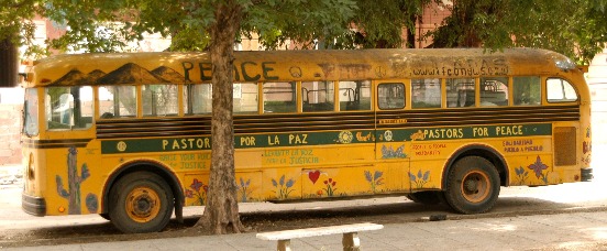 A previous Pastors for Peace Caravan school bus in Vedado, Havana: defying the U.S. blockade for eighteen years.