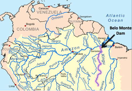 Xingu River (pink) and the site of Brazil’s Belo Monte Dam (arrow).