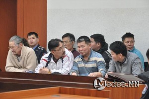 The six environmental leaders accepted their sentences in court with dignity and calm.  Ts. Munkhbayar is the 3rd from left, front row. Photo 21 January 2014.