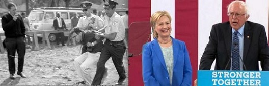 Bernie Sanders as a brave youthful activist and today, endorsing Hillary Clinton, a woman he had condemned as a corporate shill